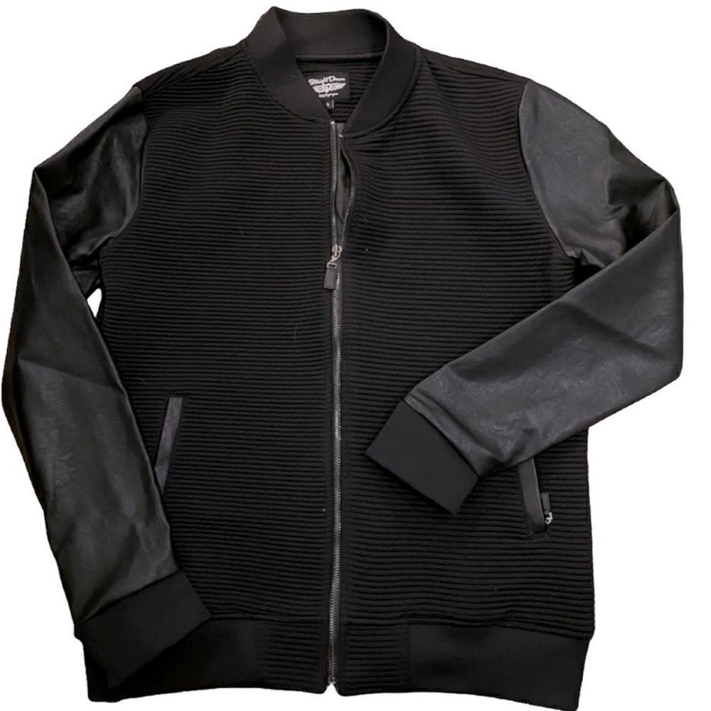 Straight Down Bomber Style Jacket, Faux Leather trim, Black Size Large